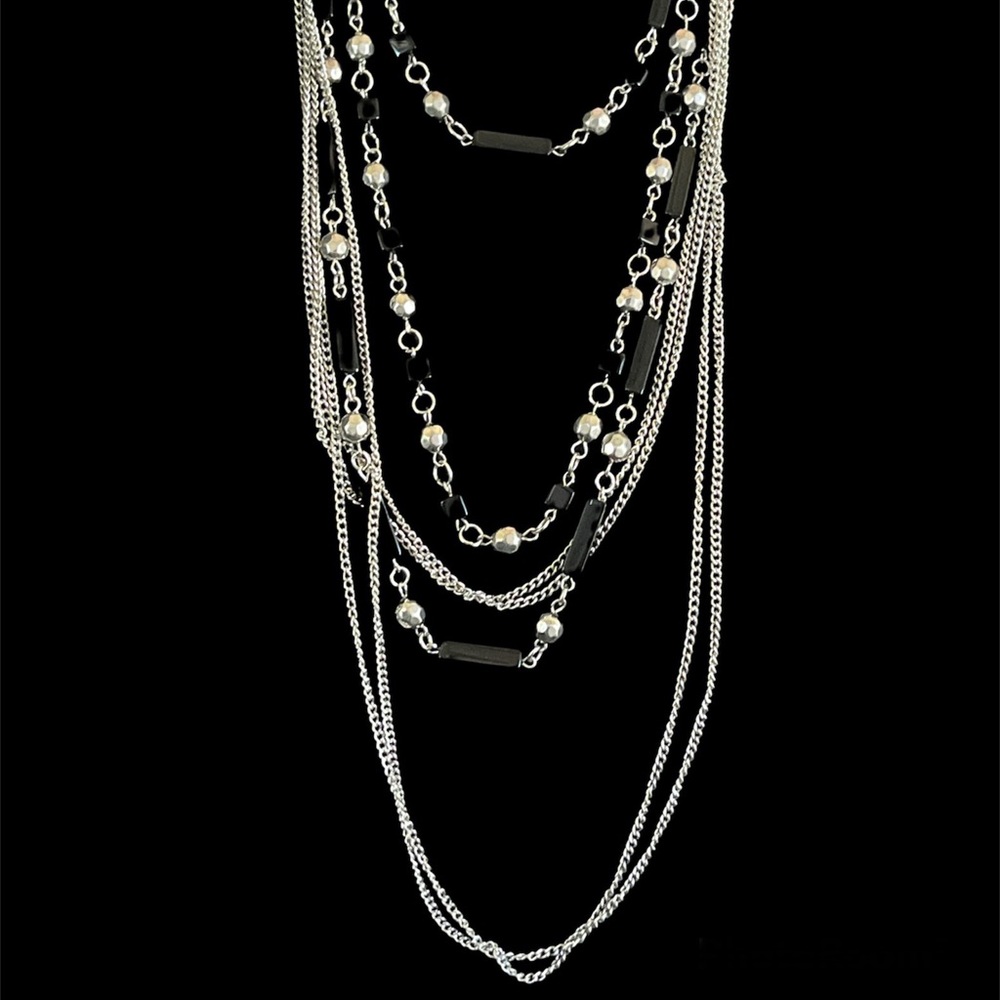 Long multi chain station necklace silver with black beads from Milan